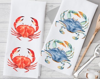 Colorful Crabs Kitchen Dish Towels, Ocean Animals, Sealife Tea Towels, Beach House Decor, Lakehouse Kitchen Towels