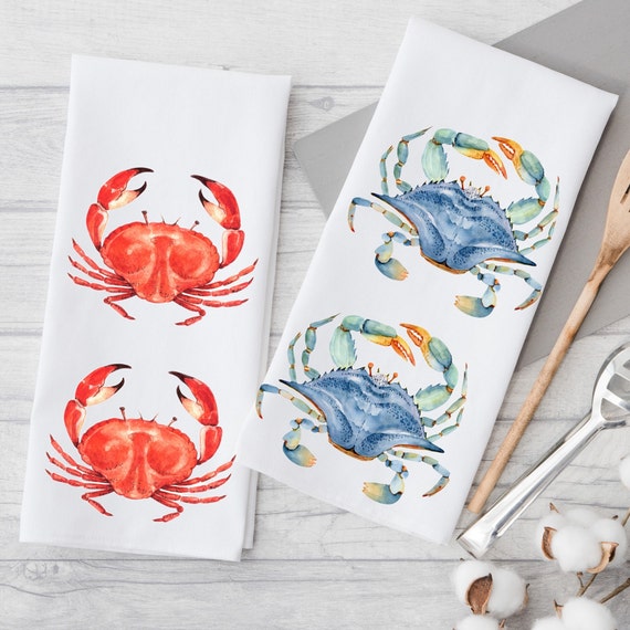 Colorful Crabs Kitchen Dish Towels, Ocean Animals, Sealife Tea