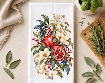 Vintage Naturalist Kitchen Towel | Botanical Pomegranates and Magnolias Tea Towel | Cottage  Decor | Farmhouse Kitchen Gift | Christmas Gift