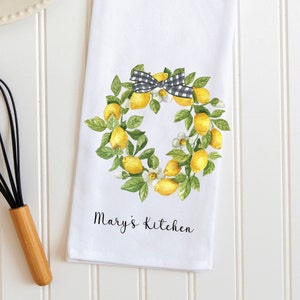 Personalized Lemon Tea Towel, Lemon Kitchen Decor,  Lemon Wreath, Lemon Kitchen Dish Towel, Lemon Cottagecore Decor, Lemon Shower Favors