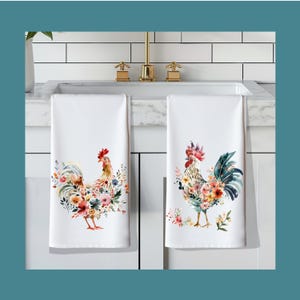 Decorative Kitchen Towel, Floral Rooster and Hen Design, Colorful Kitchen Gift, Fun New Home Kitchen Gift, Farmhouse Cottage Decor