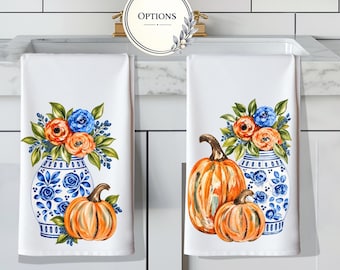 Fall Pumpkin Kitchen Towel, Blue and White Floral Vase, Autumn Decor