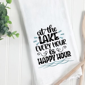Lake House Gift, Personalized Cabin Tea Towel, Cabin Kitchen Towel, New Cabin Gift, Lake Happy Hour, Lake House Tea Towel, Cabin Dish Towel