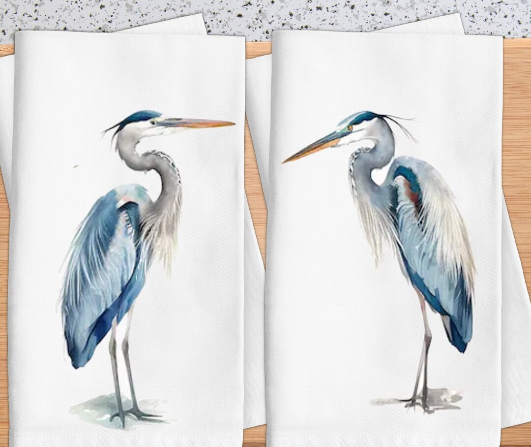 Blue Heron Tea Towels, Island Life Decor, Blue Heron Kitchen Towels, Heron Dish Towels, Bird