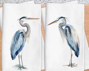 Blue Heron Tea Towels, Island Life Decor, Blue Heron Kitchen Towels, Heron Dish Towels, Bird Theme Decor, Sea Life Decor