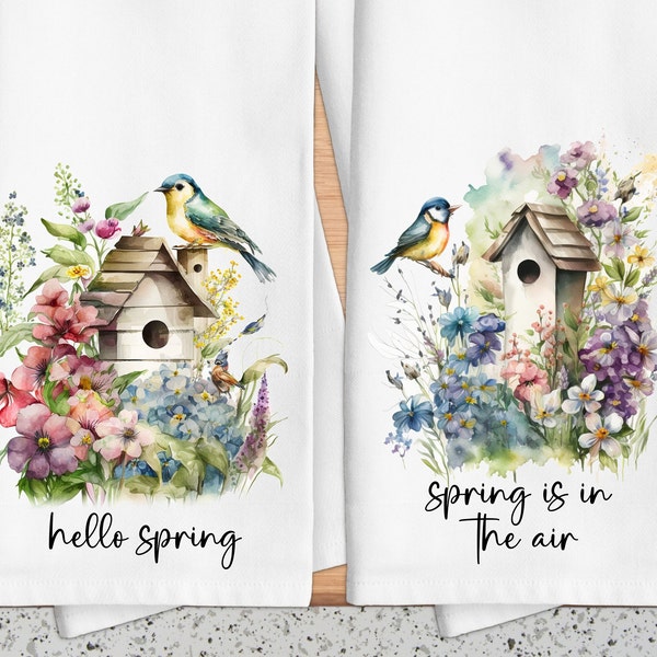 Spring Birdhouse Dish Towel, Birdhouse and Flowers Kitchen Tea Towel, Garden Floral Kitchen or Bath Hand Towels, Summer Wedding, Bridal