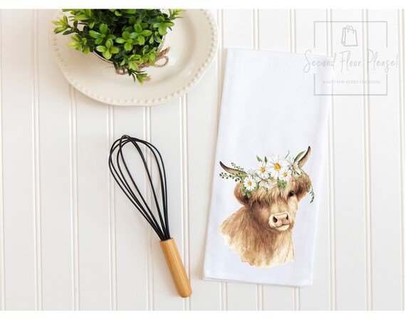 Cow Kitchen Tea Towel, Highland Cow Dish Towel, Floral Cow