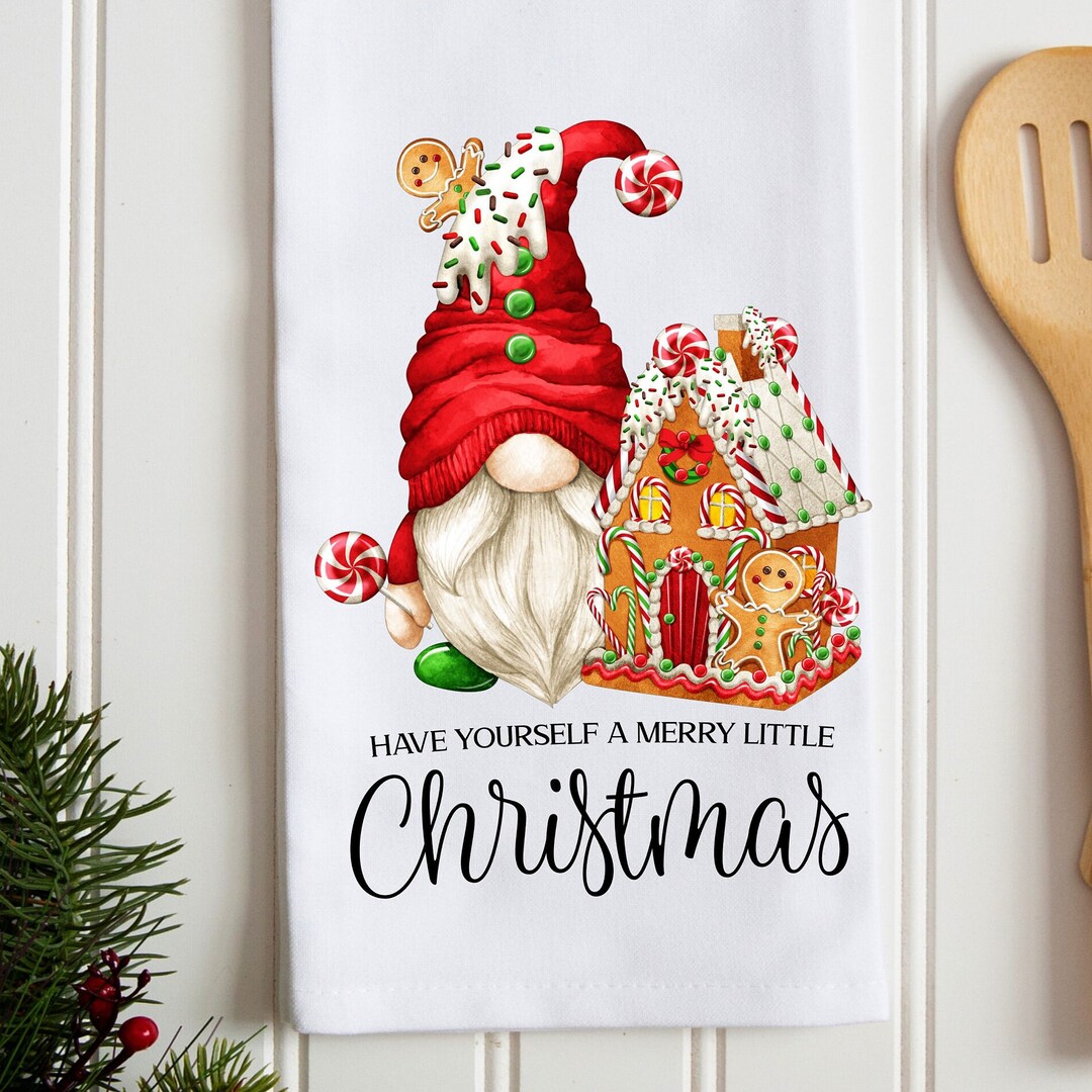 Christmas Kitchen Towel, Christmas Gnome and Gingerbread House Kitchen