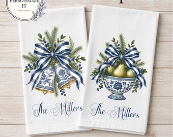 Blaue und weiße Weihnachtshandtücher, personalisiertes Geschenk, Chinoiserie-Topf, Birnen und Glocken