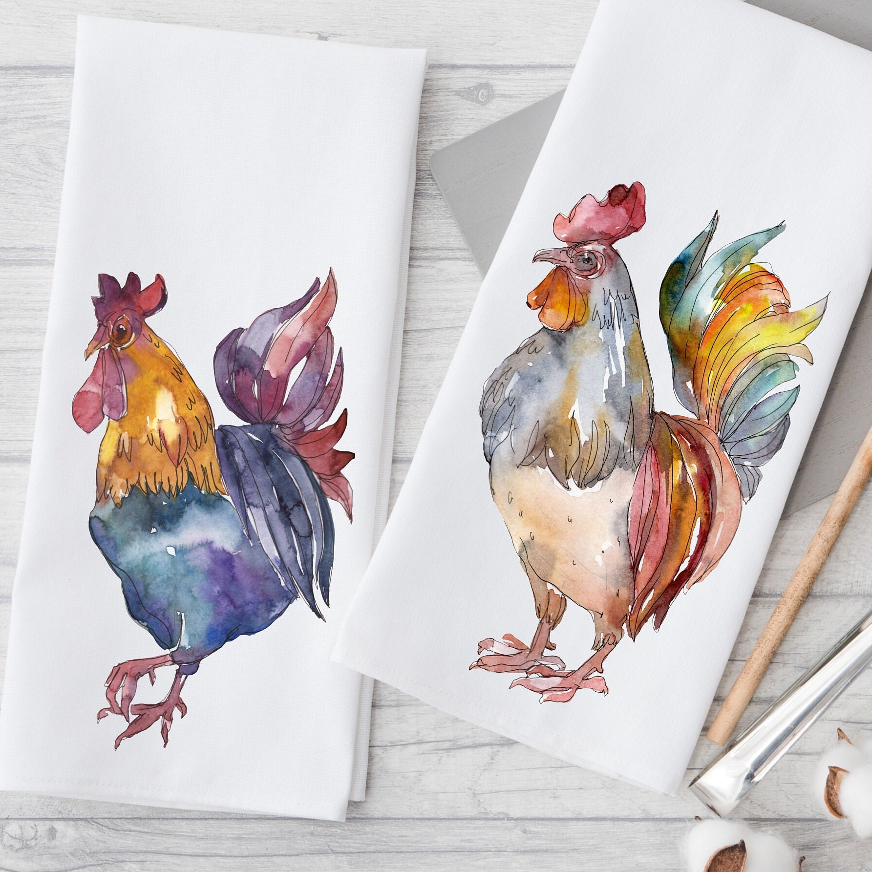Chicken Tea Towels, Watercolor Roosters, Chicken Enthusiast Art Work,  Chicken Kitchen Dish Towels, Farmhouse Decor, 