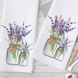 Lavender Dish Towel, Lavender and Mason Jar Kitchen Tea Towel, Lavender Floral Kitchen or Bath Hand Towels, Summer Wedding, Bridal