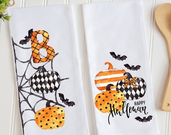 Halloween Cotton Dish Towels, Pumpkin & Bat Design, Set of 2