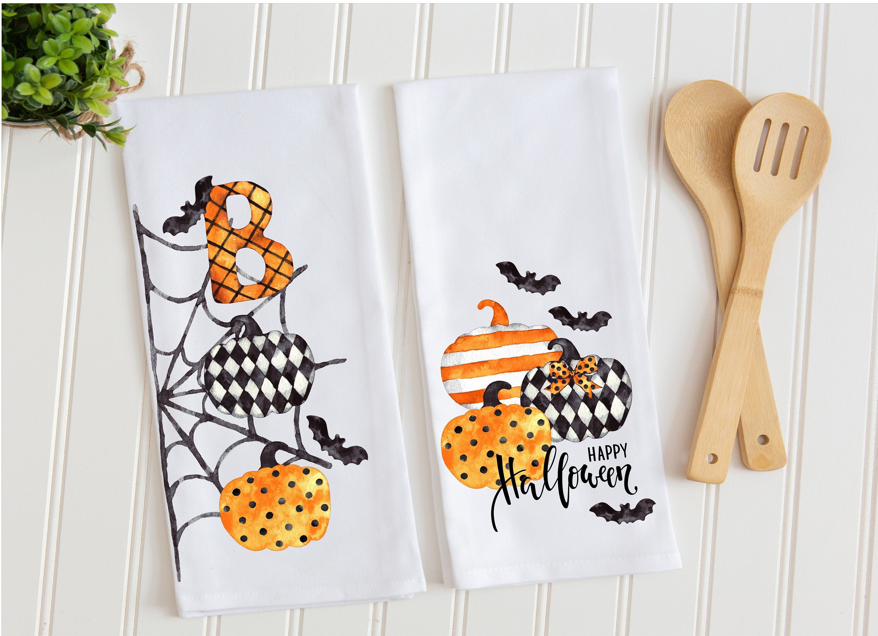 Halloween Dish Towels Two Towel Set Happy Halloween and Boo Etsy