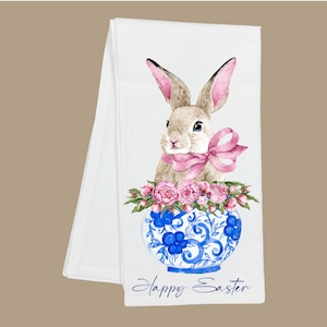 Easter Bunny Chinoiserie Pot Dish Towel: Spring Kitchen Decor