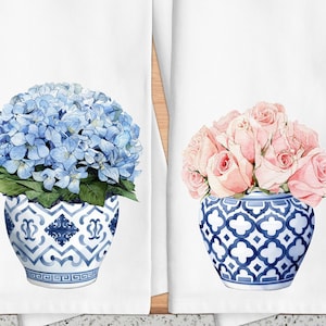 Blue Ginger Jar Rose Kitchen Towel, Blue Chinoiserie Tea Towel, Blue Hydrangea Kitchen Decor, Hand Towel, Kitchen Gift, New Home Gift
