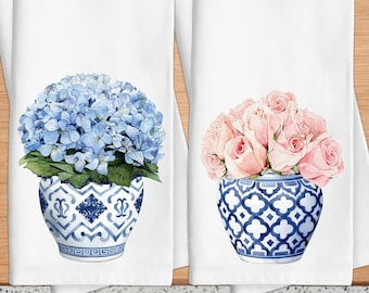 Chinoiserie Set Di 2 Strofinacci Da Cucina In Microfibra 40x61 Cm - Motivo Albero Di Limoni Vintage Blu E Bianco - Asciugamani Decorativi E Assorbenti Per Cucina, Regalo Ideale