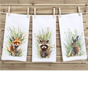 Forest Animal Kitchen Dish Towels, Racoon, Hare, Fox, Wildlife Decor, Kitchen or Bath Towels
