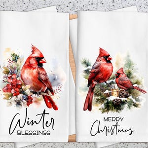 Handgedruckte Weihnachtskardinals Geschirrtuch, rustikale Urlaub Kardinal Geschirrtuch, Woodland Weihnachten Küchen Dekor, Weihnachts Cottage Kern, Küchen Geschenk