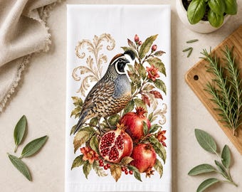 Vintage Naturalist Kitchen Towel | Botanical Quail and Pomegranate  Tea Towel | Cottage  Decor | Farmhouse Kitchen Gift | Christmas Gift