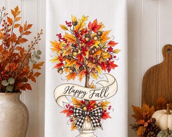 Autumn Fall Tree Kitchen Tea Towel, Happy Fall Dish Towel