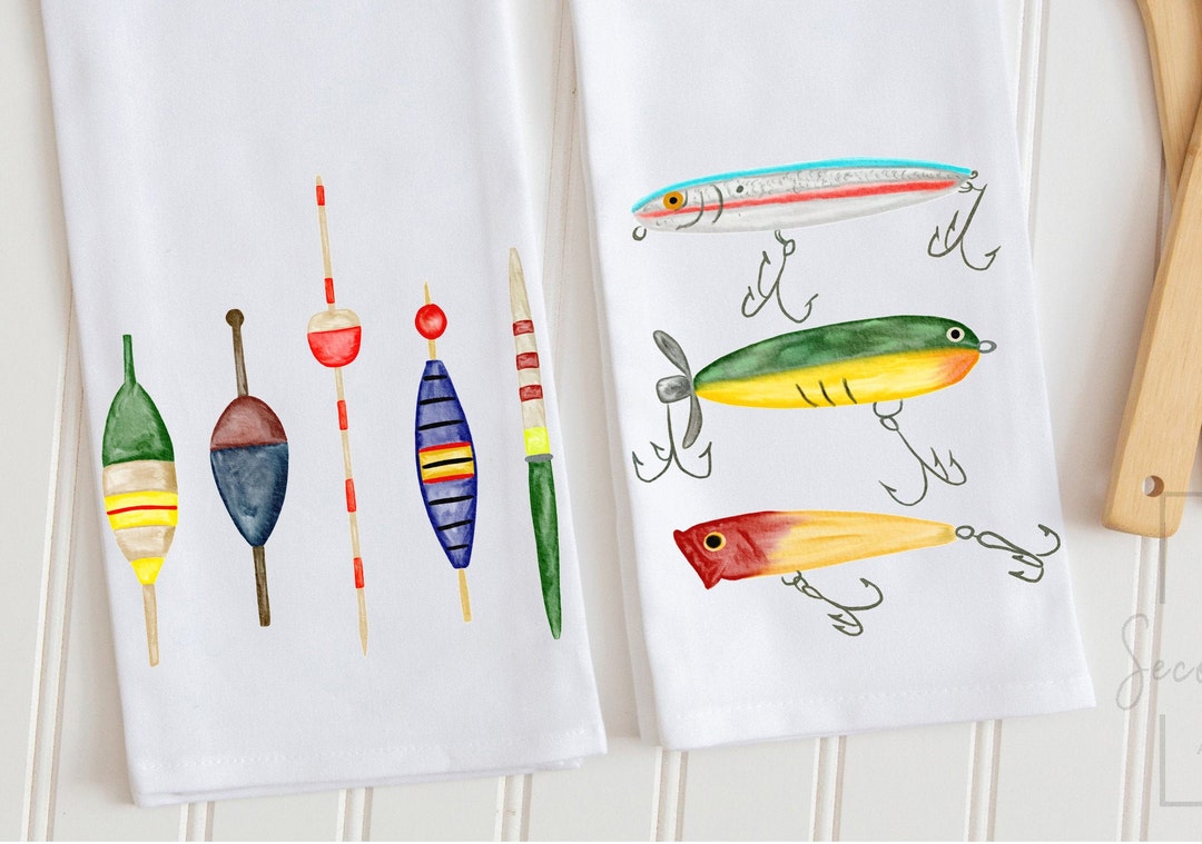 Fishing Kitchen Towels, Fish Lures and Bobbers Tea Towel Set, Fish Gift,  Lake House Hand Towel, Lake House Gift, Gift for Dad, Grandpa 