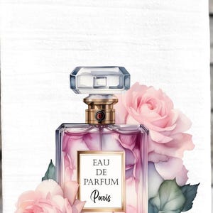 May include: A rectangular glass perfume bottle with a clear cap and gold neck collar, featuring a label that reads EAU DE PARFUM Paris. The bottle is surrounded by large, soft pink roses with green leaves, set against a white textured background.