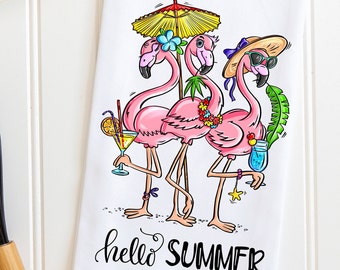 Funny Flamingo Kitchen Tea Towel, Hello Summer Flamingos and Cocktails, Funny Girlfriend Gifts, Party or Shower Favors, Flamingo Hand Towels