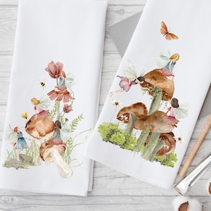 Fairy Garden Dish Towels, Fairies and Mushrooms, Fairy Garden Decorative Towels, Kitchen or Bath, Mushrooms