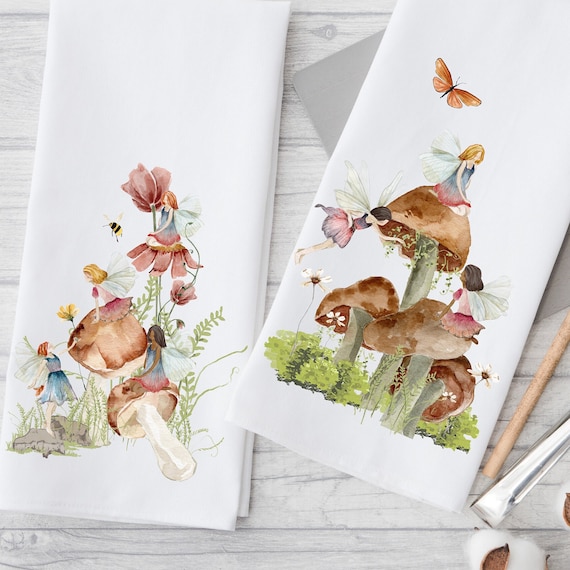 Fairy Garden Dish Towels, Fairies and Mushrooms, Fairy Garden