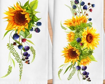 Sunflower and Berries Kitchen Tea Towel, Sunflower Kitchen Towels, Black Berry Decorative Dish Towels, Hostess Gift, Housewarming Gift