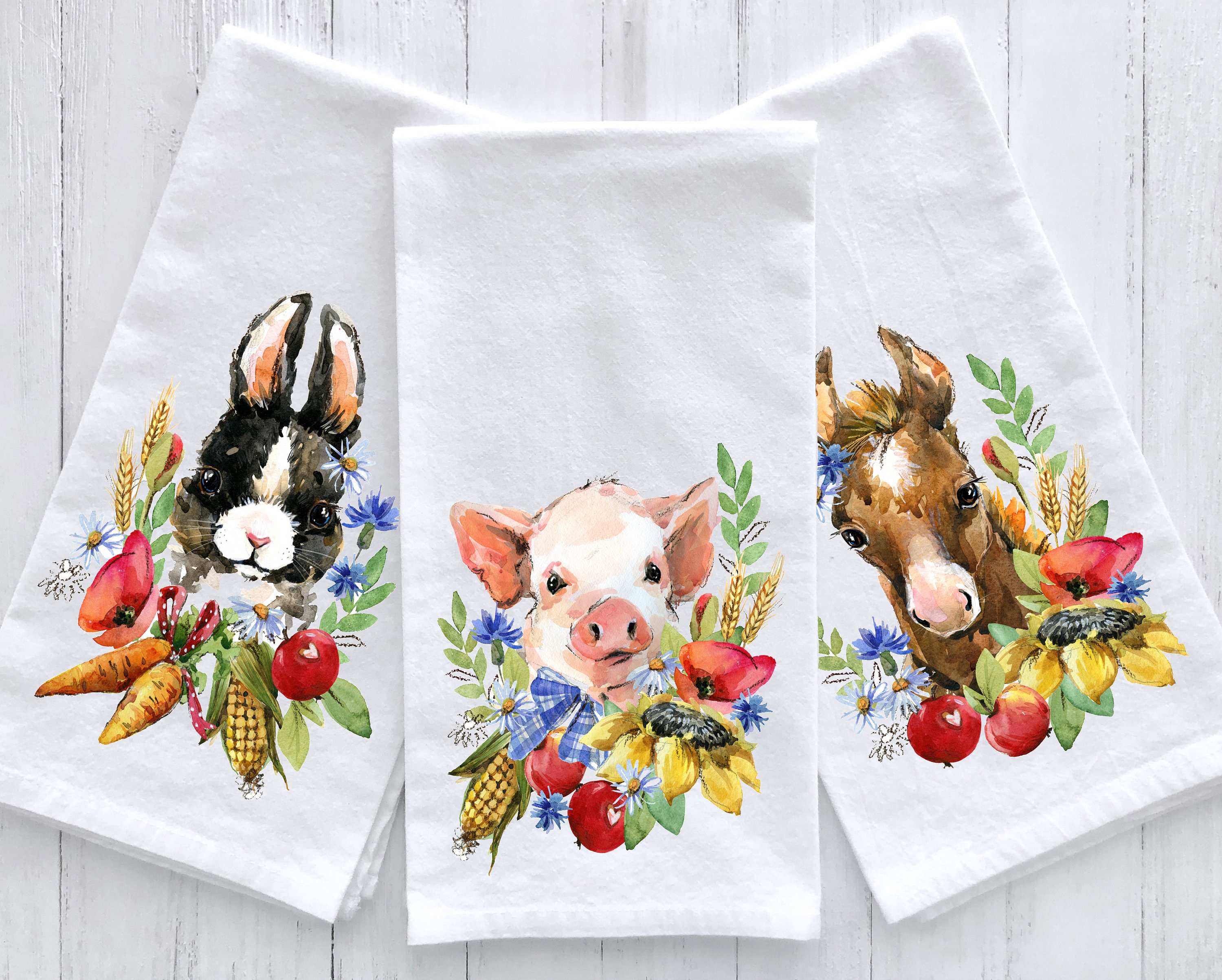 Farm Animal Kitchen Towels Cute Rabbit Pig Horse Tea Towel Etsy