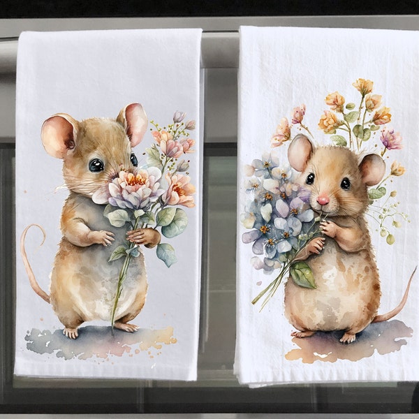 Floral Mice Kitchen Dish Towels, Mice and Flowers, Adorable Field Mice Summer Kitchen Decor