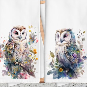 Owl Tea Towels, Floral Owl Decor, Watercolor Owl Kitchen Towels, Woodland Owl Dish Towels, Bird Theme Decor