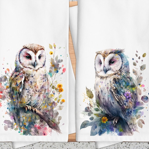 Owl Tea Towels, Floral Owl Decor, Watercolor Owl Kitchen Towels, Woodland Owl Dish Towels, Bird Theme Decor