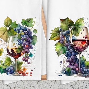 Wine and Grapes Kitchen Dish Towels, Wine Gift, Wine Enthusiast Gift, Bar Towels, Italian Wine Decor