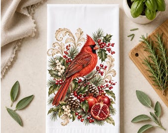 Vintage Naturalist Kitchen Towel | Botanical Cardinal and Pomegranates,  Tea Towel | Country Decor | Farmhouse Kitchen Gift | Christmas