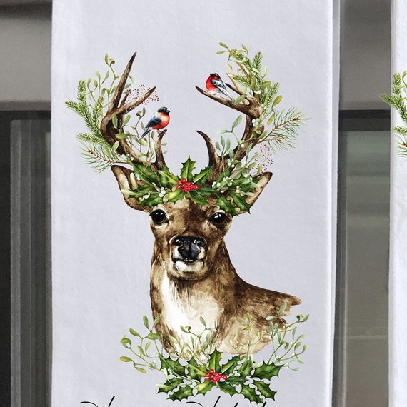 Christmas Reindeer Holiday Cotton Tea Towels Kitchen