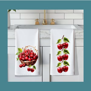 Cherry Kitchen Dish Towel Set, Cherries, Cherry Kitchen Tea Towels, Small Gift, Summer Fruit