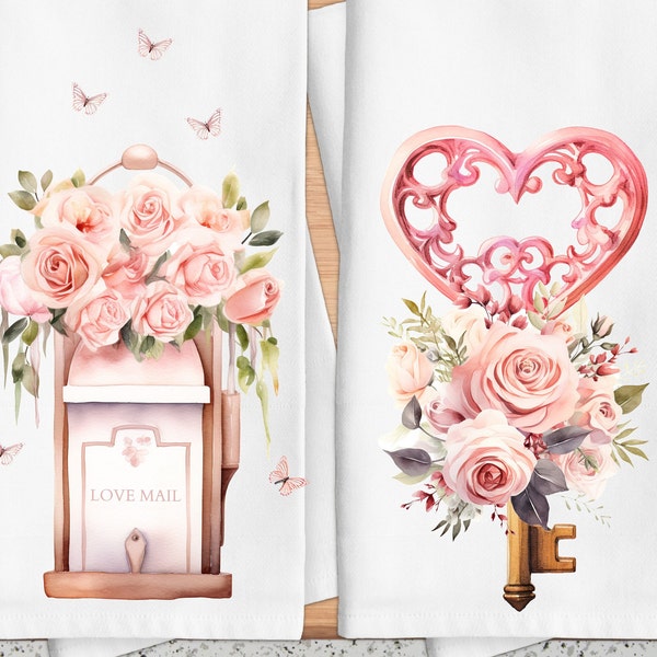 Valentine's Tea Towel,  Floral Valentines, Valentine Bouquet Kitchen Decor, Gift for Mom, Valentine Party Favors