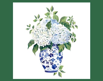 Chinoiserie theedoek met hortensia: blauw bloemen keukendecor