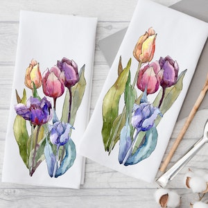 Floral Kitchen Towel, TUlips Tea Towel, Bathroom Hand Towel, Housewarming Gift, Floral Home Decor, Pink and Yellow Tulips