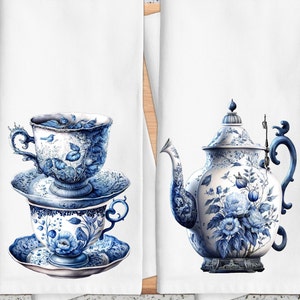 May include: A set of blue and white porcelain teacups and teapot with floral designs. The teacup and saucer are stacked on top of each other. The teapot has a lid and a spout.