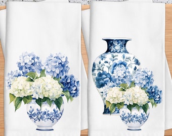 Blue Ginger Jar Kitchen Towel, Blue Chinoiserie Tea Towel, Blue Hydrangea Kitchen Decor, Hand Towel, Kitchen Gift, New Home Gift