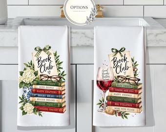 Book Club Kitchen Towel, Books and Wine Flour Sack Towel, Literary Gift