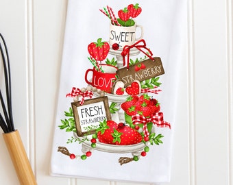 Strawberry Kitchen Tea Towel, Strawberry Flour Sack Farmhouse Towel, Summer Strawberry Tiered Tray Kitchen Decor, Fruit Towel, Red Berries