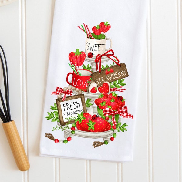 Strawberry Kitchen Tea Towel, Strawberry Flour Sack Farmhouse Towel, Summer Strawberry Tiered Tray Kitchen Decor, Fruit Towel, Red Berries