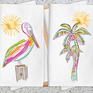Tropical Pelican and Palm Tree Dish Towel, Hand Towel, Coastal Summer Decorative Towels, Summer Time Decor, Pelican, Palm Trees, Hostess
