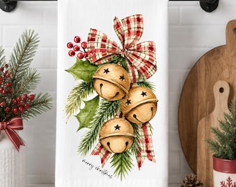 Vintage Bells and Bows Kitchen Tea Towel, Christmas Holiday Decor,