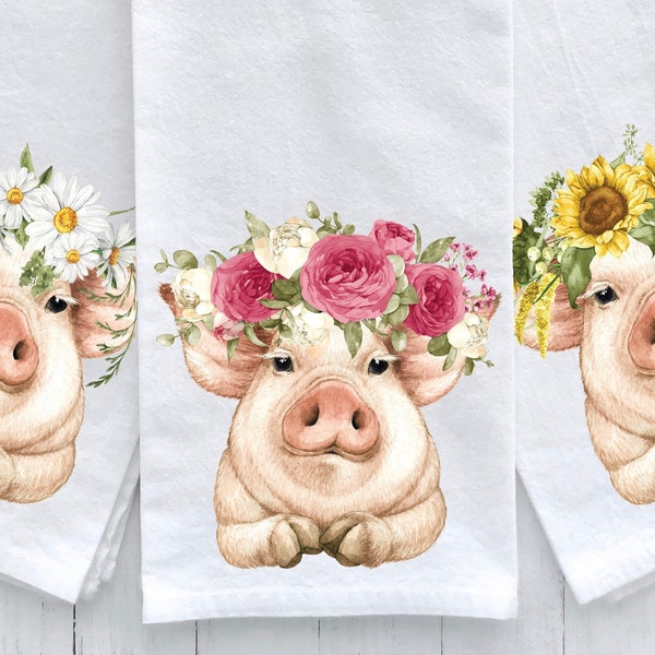 Pig Kitchen Tea Towel, Pig Dish Towel, Floral Pig Decor, Flour Sack Tea Towel, Farm Animal Kitchen Towel Decor, Housewarming Kitchen Gift