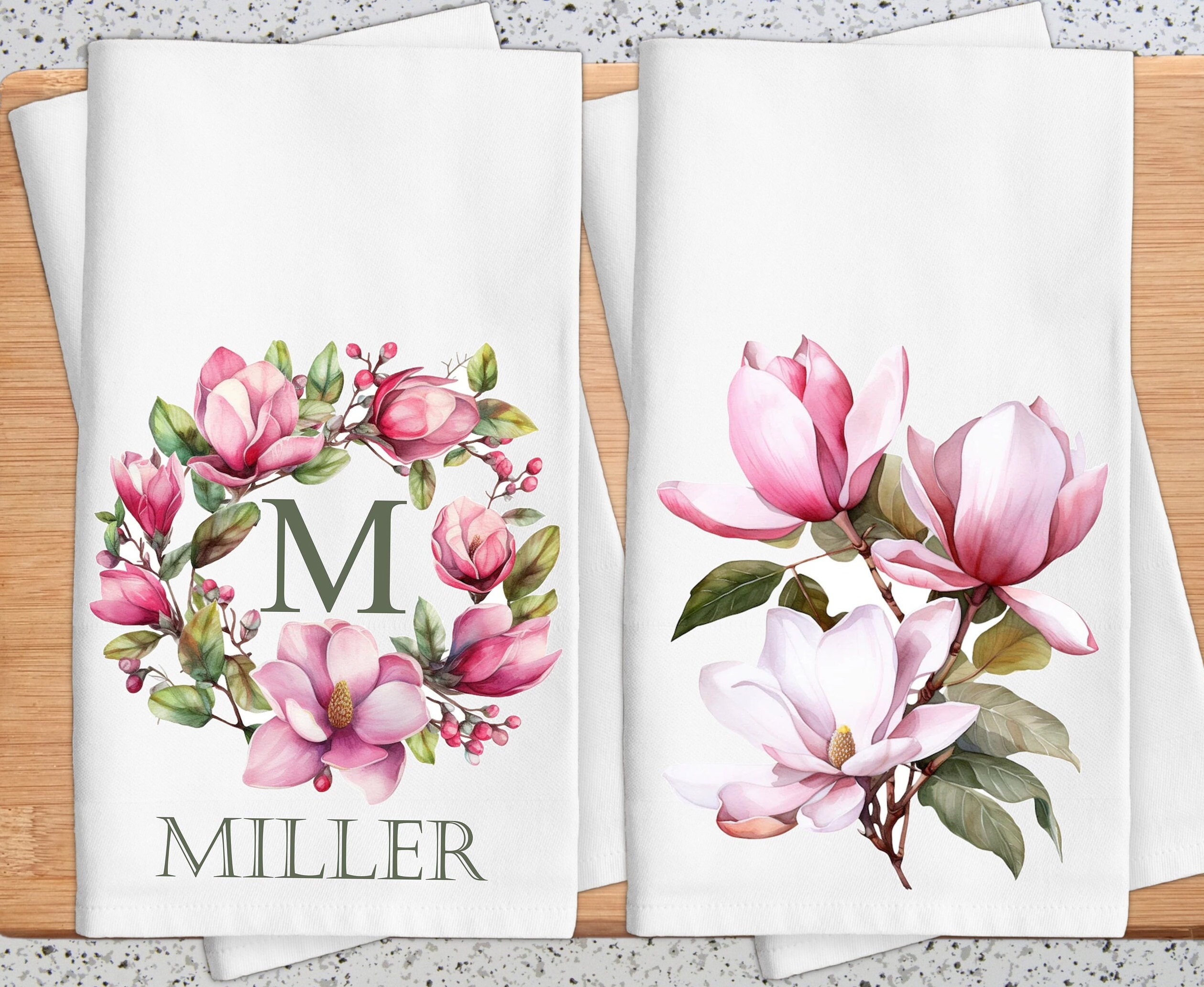 Personalized Magnolia Kitchen Towel Set: Floral Tea Towels - Etsy
